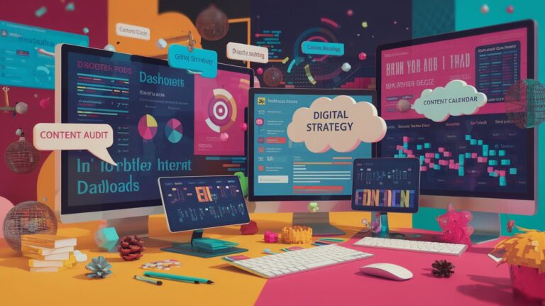 Three computer monitors on a colorful desk display charts, graphs, and digital marketing terms like Digital Strategy, Content Audit, and Content Calendar amid floating icons, post-it notes, and tech-themed decor.