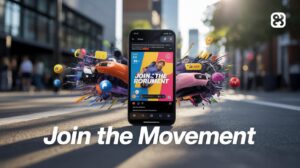 A smartphone displaying a vibrant app interface stands on a city street, surrounded by colorful digital paint splashes and playful 3D objects. Bold text at the bottom reads, “Join the Movement.”.