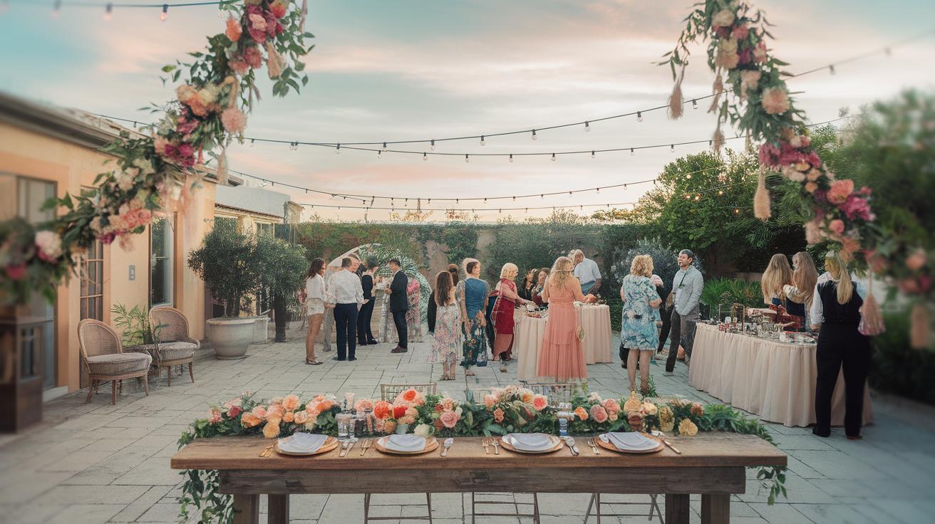 An outdoor wedding reception at sunset with guests mingling near decorated tables. String lights and flower garlands adorn the area, and a long wooden table is set in the foreground with plates, glasses, and floral centerpieces.