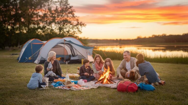 A family sits around a campfire near tents and a lake at sunset, enjoying a picnic on a blanket. The sky is orange and pink, and camping gear is scattered on the grass.