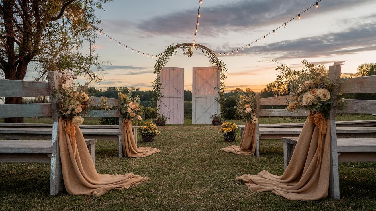 An outdoor wedding setup at sunset features wooden benches with beige drapes and flower arrangements, leading to a decorative arch and white double doors under string lights. Trees and a colorful sky are visible in the background.
