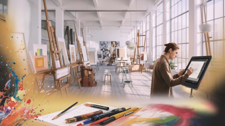 A bright, spacious art studio with large windows and easels; a person stands near a digital drawing tablet, sketching, while paint splatters and art supplies appear in the foreground.