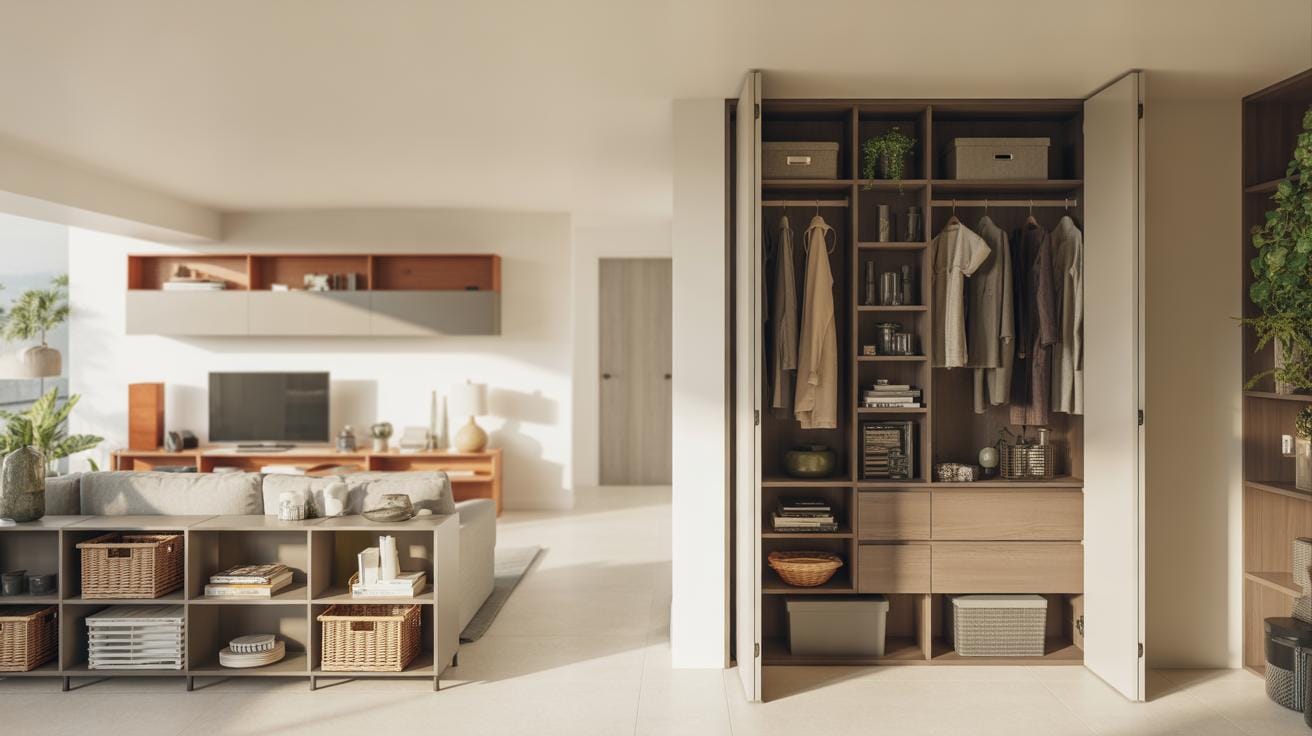 A modern, organized living space with an open closet featuring neatly hung clothes, baskets, and storage boxes next to a bright living room with shelves, TV, and minimalist decor. Natural light fills the room.