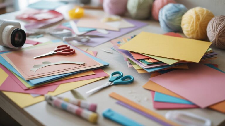 A tabletop covered with colorful sheets of paper, scissors, markers, glue sticks, and balls of yarn, suggesting arts and crafts supplies ready for a creative project.