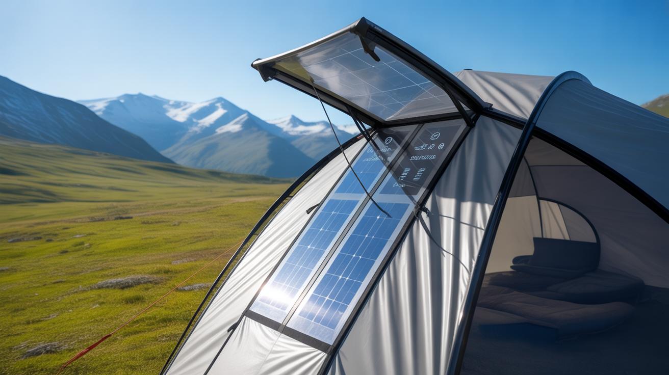 A modern tent with built-in solar panels set up on grassy plains, with mountains and a clear blue sky in the background. The tents interior is partially visible, showing sleeping mats.