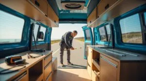 A man stands at the rear open doors of a blue camper van, bending over to pick something up from the road, with the van's interior visible with light