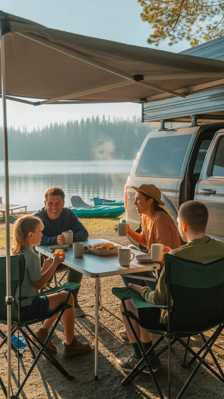 Four people, two adults and two children, sit around a small table under a grey awning, enjoying a meal by a lake with a forest in the background on a