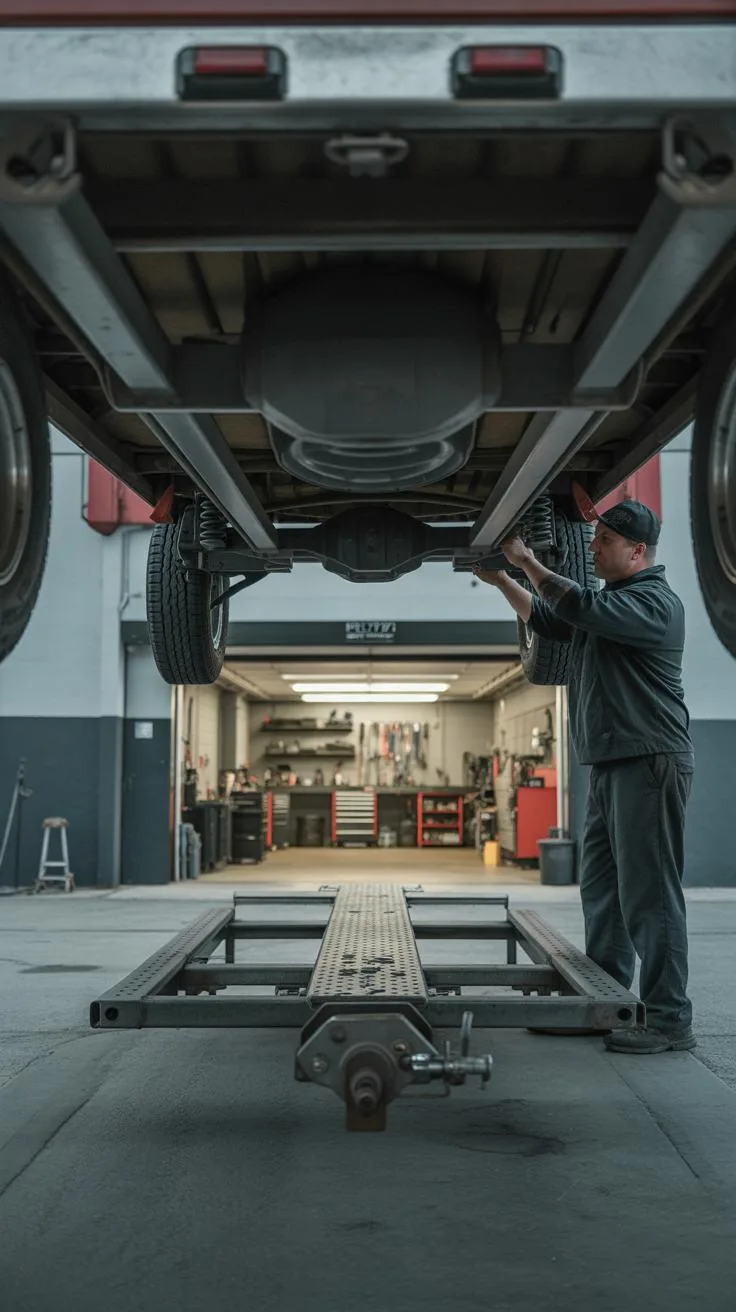 A mechanic in a dark uniform works on the underside of a lifted red truck inside a well-lit auto shop, with tools and a garage door visible in the bac
