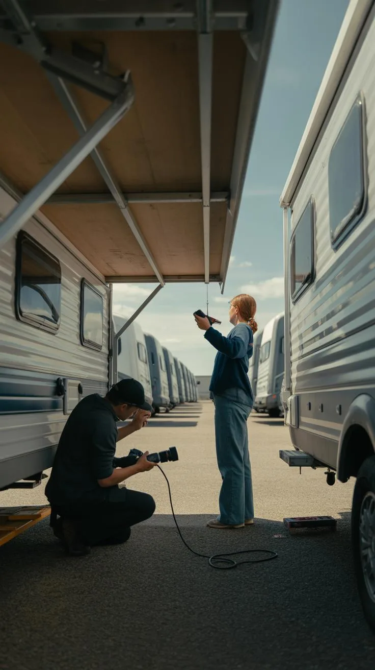 A man kneels on the ground operating a device while a woman stands upright, holding a tool, both working on the underside of an extended awning of an