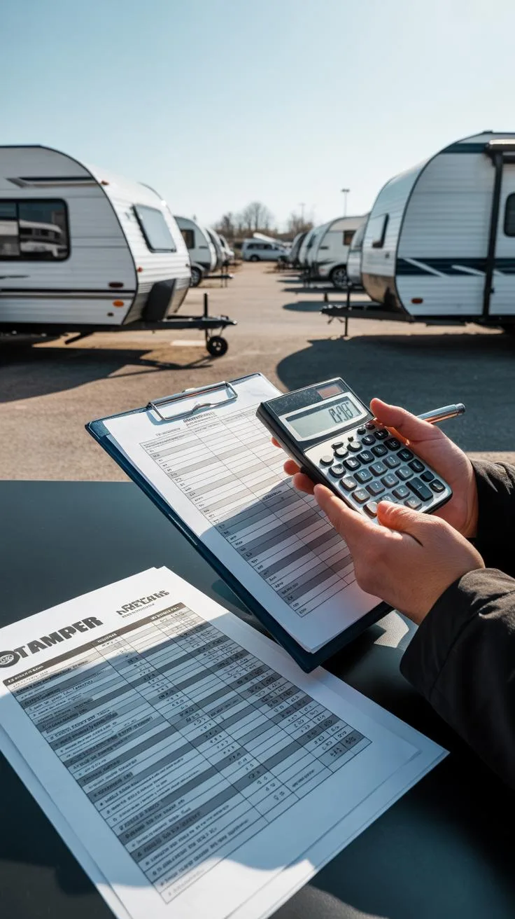 A person uses a calculator and reviews documents on a clipboard and another sheet of paper, with several white travel trailers parked in the backgroun