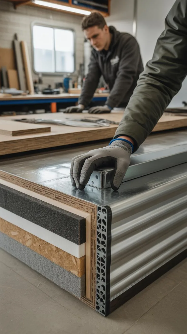 Two men in a workshop are assembling layers of building materials, with one man's gloved hands resting on a stack that includes wood, insulation, and