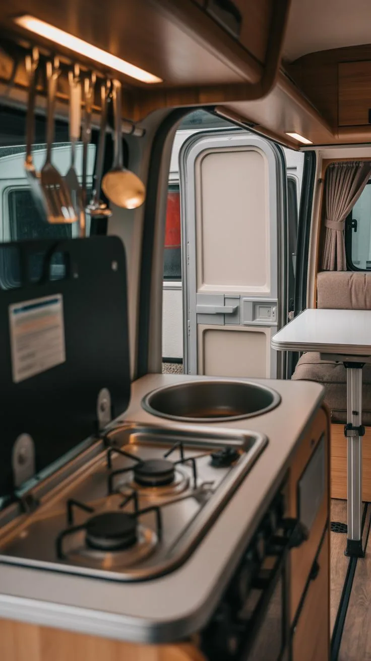 A close-up, slightly blurry shot shows the interior kitchen area of a camper van, featuring a two-burner stove, a round sink, and cooking utensils han