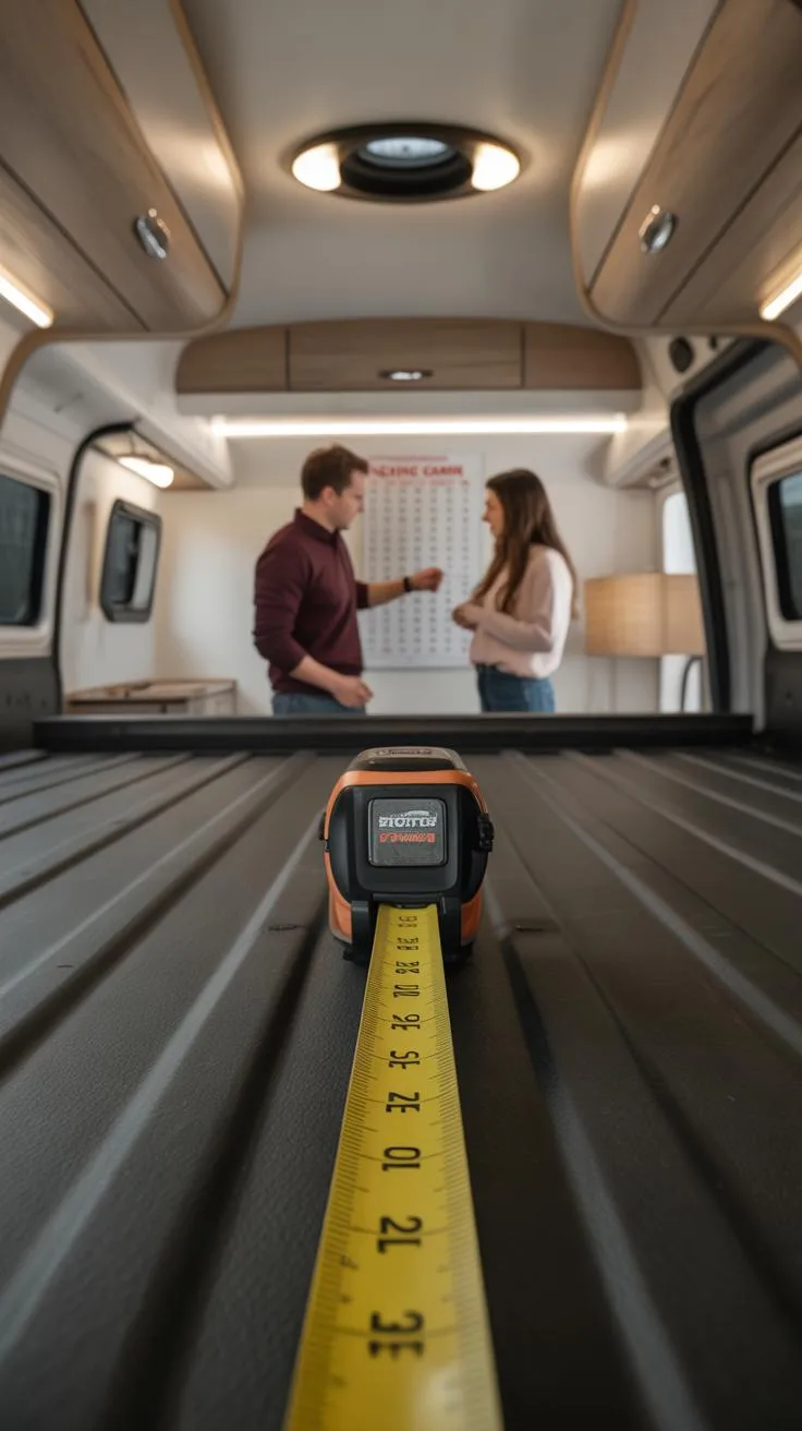 A yellow and black measuring tape extends across the corrugated floor of an RV's cargo area, with a man and woman conversing in the brightly lit livin
