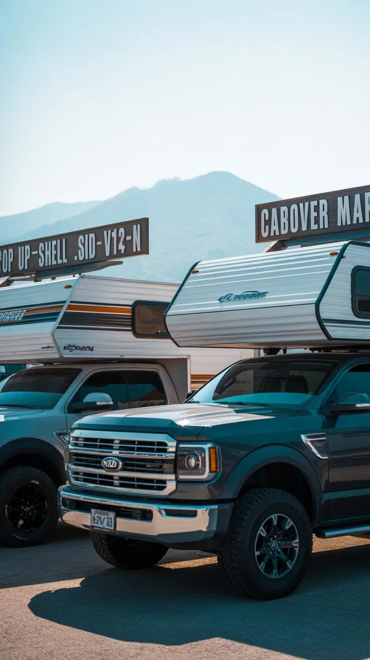 Several pickup trucks with pop-up truck campers, including models labeled "S10-V13-N" and "CABOVER MARKET," are parked side-by-side outdoors on a sunn