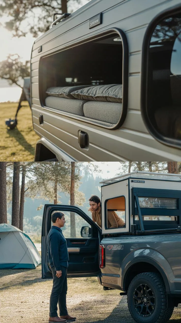 A two-panel image shows outdoor adventures. The top panel features a close-up of the open side window of a modern, silver camper, revealing a comforta