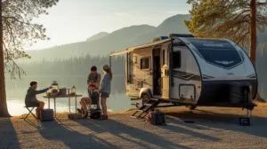 A family of four sits and stands around a portable table next to a travel trailer parked by a tranquil lake surrounded by mountains and pine trees und