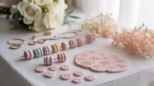Handmade pastel clay beads, patterned clay pieces, and jewelry tools are arranged on a white tablecloth. In the background, white flowers and dried floral arrangements add a soft, elegant touch.
