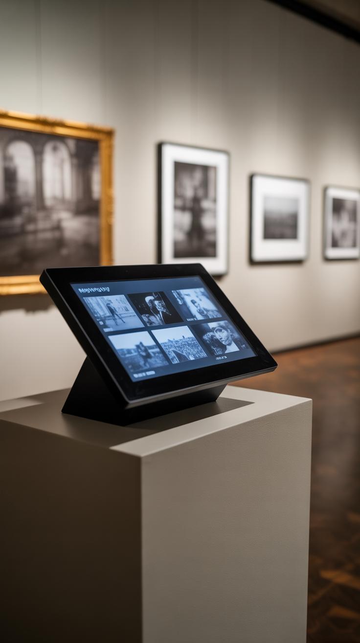 A digital touchscreen display stands on a pedestal in an art gallery, showing information and images about the exhibits. Framed black and white photos are hung on the wall in the background.