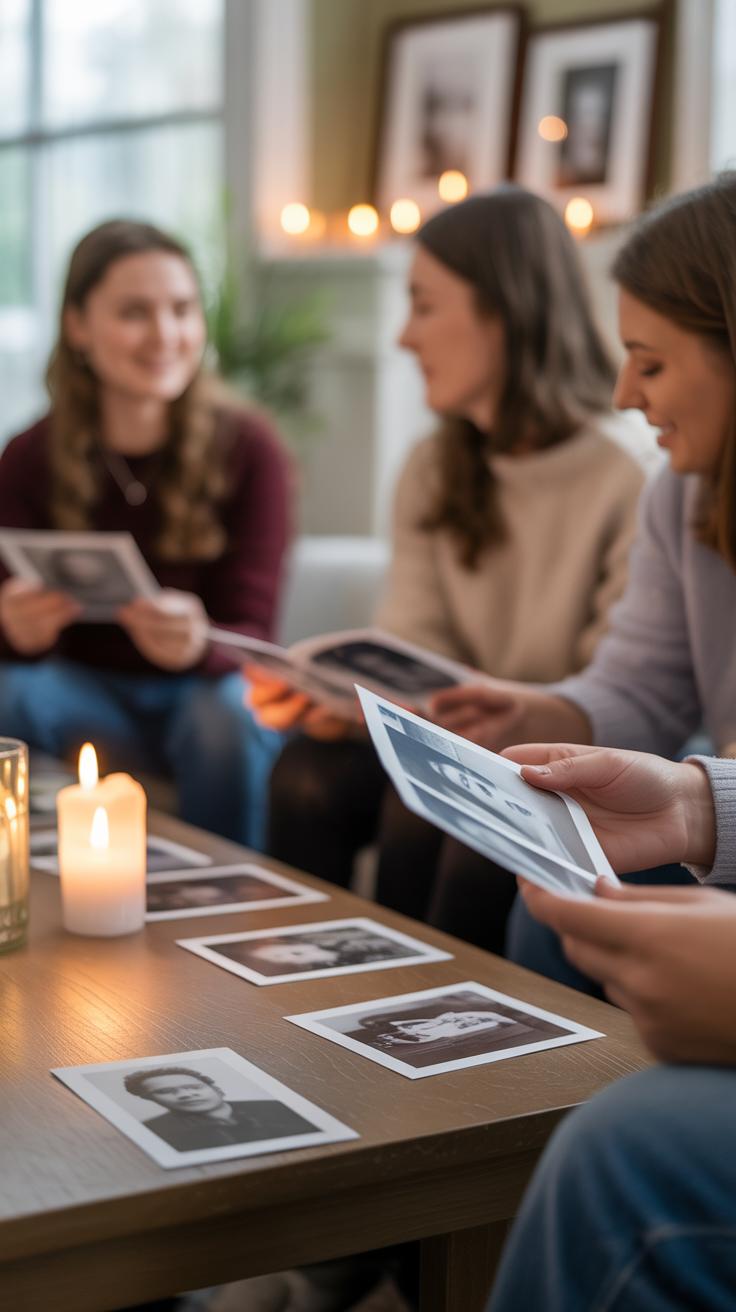 Three women sit together indoors, holding and looking at old black-and-white photographs. More photos are spread out on a wooden table with lit candles. The scene is cozy, with soft lighting and blurred framed pictures in the background.