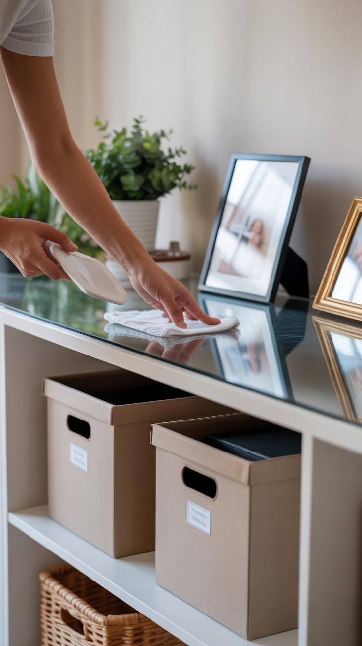 A person wipes a glass shelf above storage boxes and a basket, with framed photos and a potted plant displayed on top.