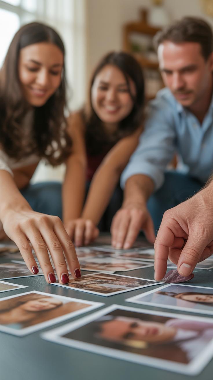 Three people sitting at a table, smiling and reaching towards several photographs spread out in front of them, appearing to select or discuss the images together.