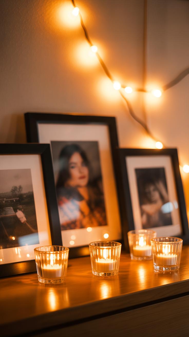 Framed photos and glowing candles arranged on a wooden surface, with warm string lights hanging in the background, creating a cozy and intimate atmosphere.