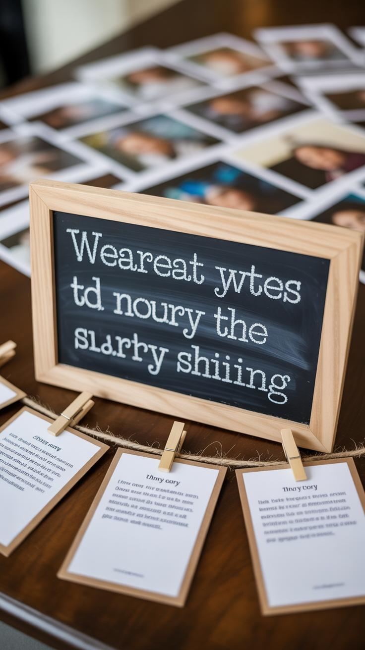 A small chalkboard in a wooden frame displays jumbled letters, with printed cards clipped below and blurred photographs spread on the table in the background.