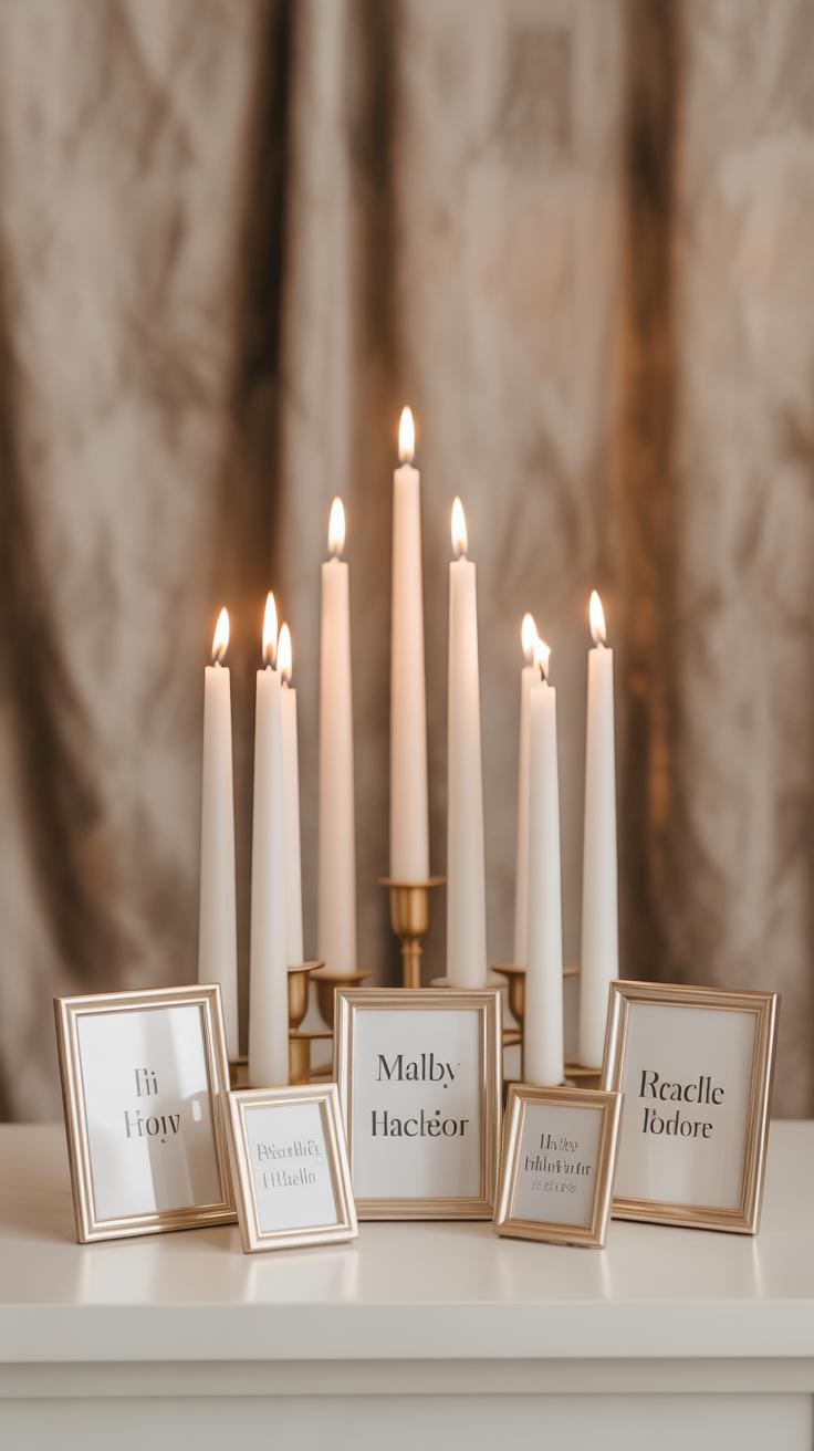 A group of white taper candles in gold holders sits behind five gold-framed name cards on a white surface, with a soft beige curtain in the background.