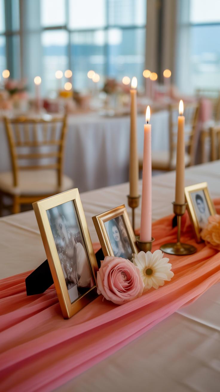 A wedding table centerpiece features framed photos, pink and white flowers, and lit candles on a pink and orange fabric runner, with blurred chairs and tables in the background.
