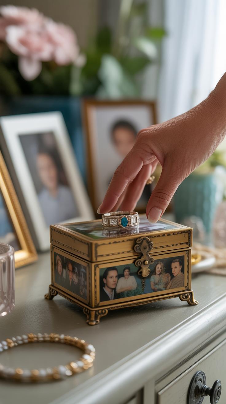 A hand places a ring with a turquoise stone on an ornate jewelry box decorated with family photos. Framed portraits, a bracelet, and flowers sit on the table in the softly lit background.