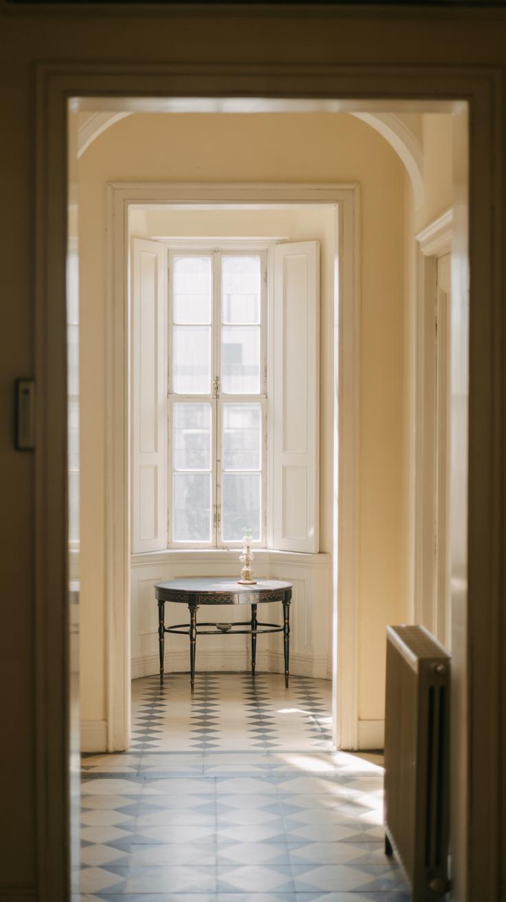 A sunlit hallway with checkered floor tiles leads to a large window. A small dark table with a single vase and flower sits in front of the window, framed by white walls and open shutters.