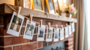 A string of instant photos is clipped to a twine garland hanging across a brick fireplace mantle, decorated with framed pictures and a flower vase in a warmly lit room.