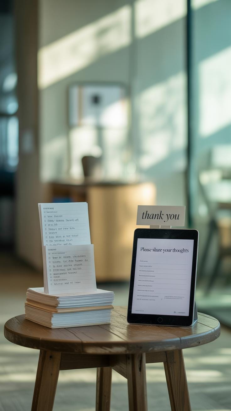 A small round wooden table holds a stack of papers and an iPad displaying a feedback form. A card reading thank you is attached to the iPad. Sunlight streams through windows in the blurred background.