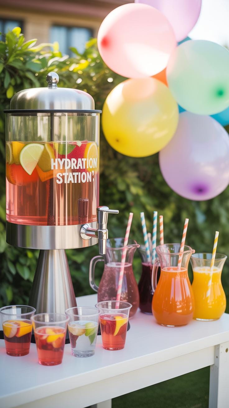 A drink dispenser labeled Hydration Station filled with fruit-infused water is on a table with pitchers of colorful juice, cups with fruit slices, striped straws, and pastel balloons in the background outdoors.