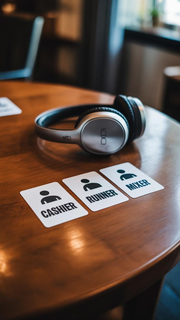 A pair of headphones rests on a wooden table next to three cards labeled CASHIER, RUNNER, and MAKER, each with a simple human icon.