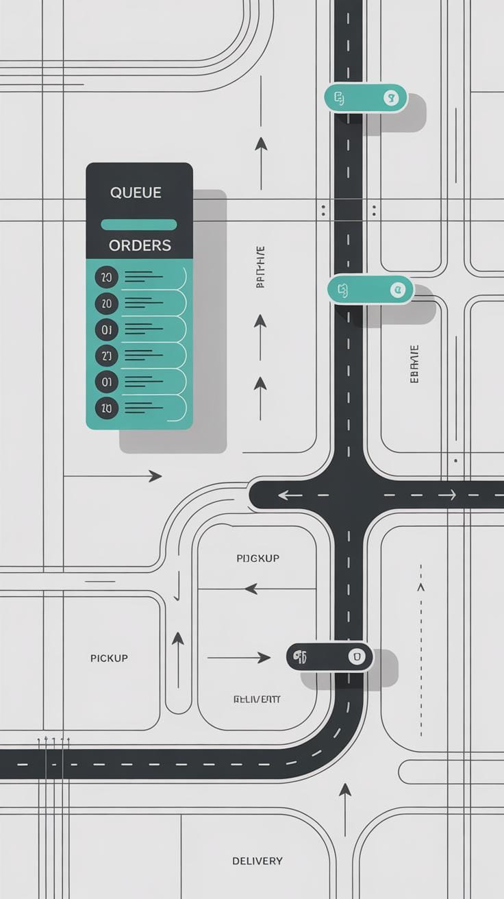A stylized map shows a street grid with arrows indicating traffic flow. A queue labeled Orders lists five items, and markers labeled Cj and Tg highlight pickup and delivery points along the route.