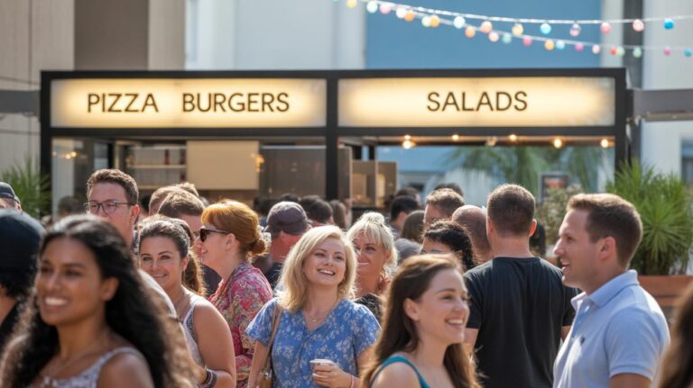 A lively crowd of people smiles and mingles outdoors in front of a food stall with bright signs reading “PIZZA,” “BURGERS,” and “SALADS,” with string lights hanging above in the background.
