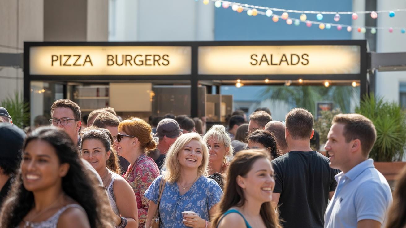 A lively crowd of people smiles and mingles outdoors in front of a food stall with bright signs reading “PIZZA,” “BURGERS,” and “SALADS,” with string lights hanging above in the background.