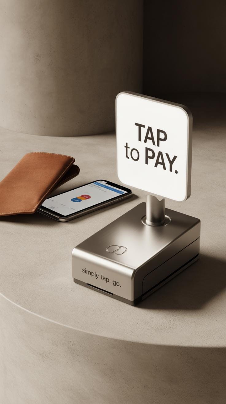 A contactless payment terminal with a sign reading TAP TO PAY stands on a counter next to a smartphone and a brown wallet. The phone displays a mobile payment app screen.