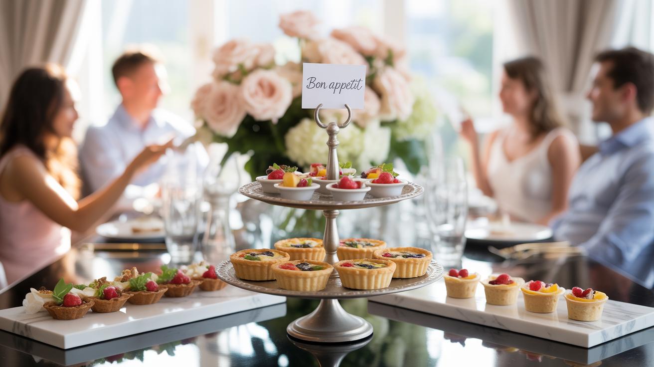 A table set with assorted fruit tarts and desserts on elegant trays, with a Bon appétit! card in the center. Four people sit in the background, conversing and dining in a bright, flower-filled setting.