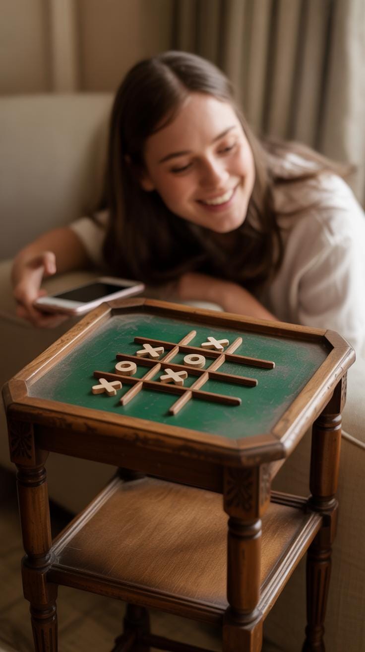A smiling woman sits on a couch, holding a phone, and looks at a wooden table with a tic-tac-toe game where X has won.