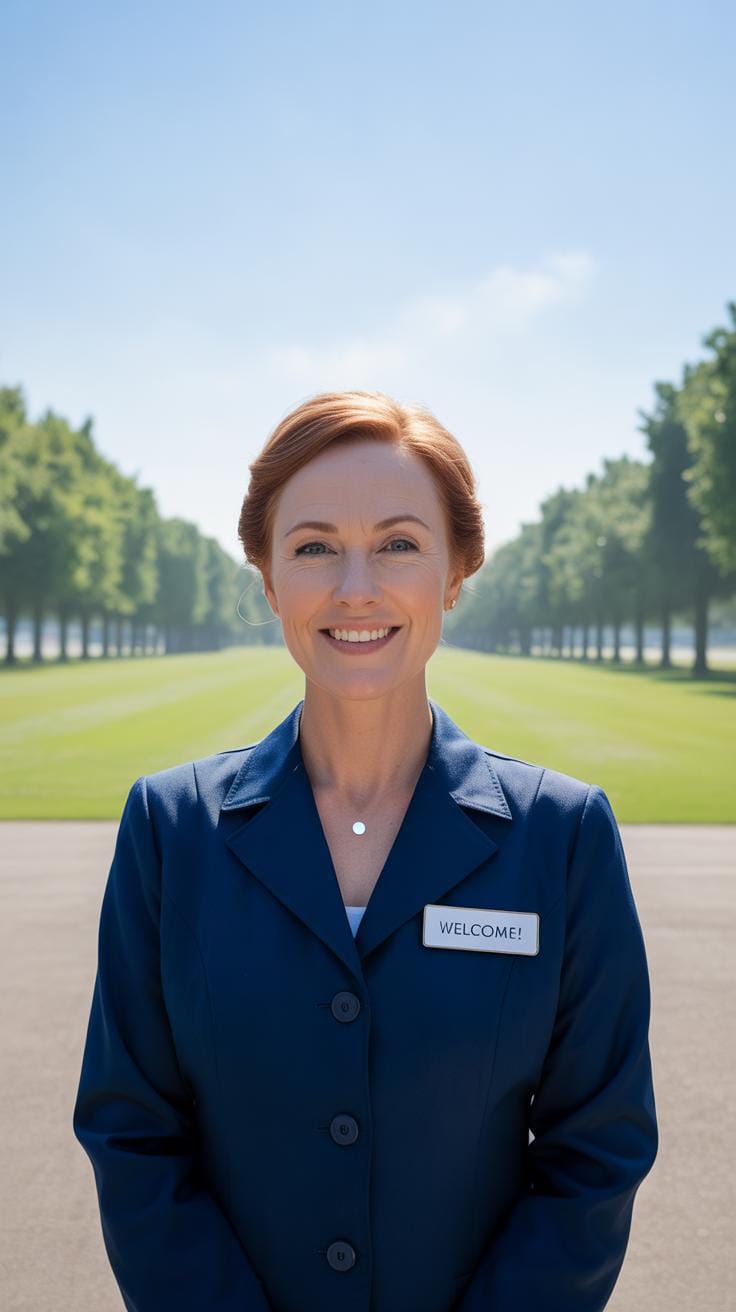 A smiling woman in a navy blazer with a WELCOME! name tag stands outdoors on a sunny day, with a manicured green lawn and trees in the background.