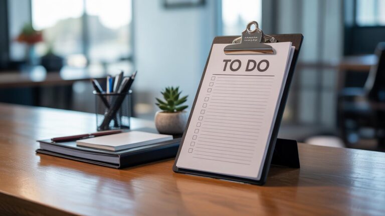 A clipboard with a blank TO DO list sits on a wooden desk next to a potted plant, a closed notebook, and a cup holding pens and pencils in a bright, modern office setting.
