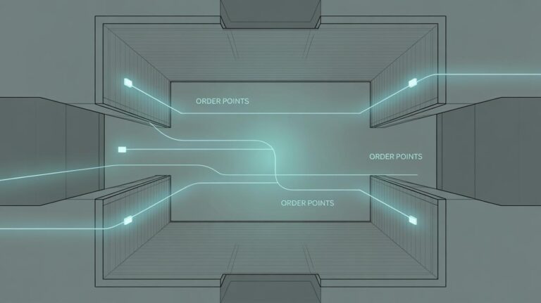 Digital illustration of a rectangular room with lines connecting multiple labeled Order Points on the walls, depicting a flow or network system inside the space.
