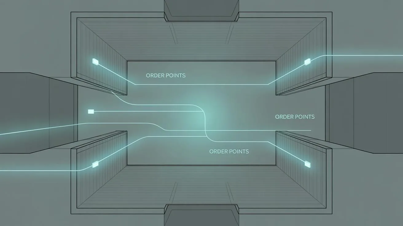 Digital illustration of a rectangular room with lines connecting multiple labeled Order Points on the walls, depicting a flow or network system inside the space.