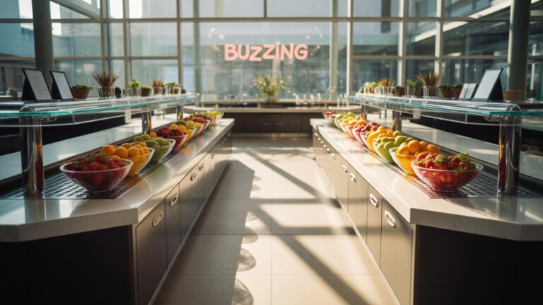 Two long counters display colorful bowls of fresh fruit in a bright, modern cafeteria with large windows. A neon sign reading BUZZING is visible in the background above the seating area.