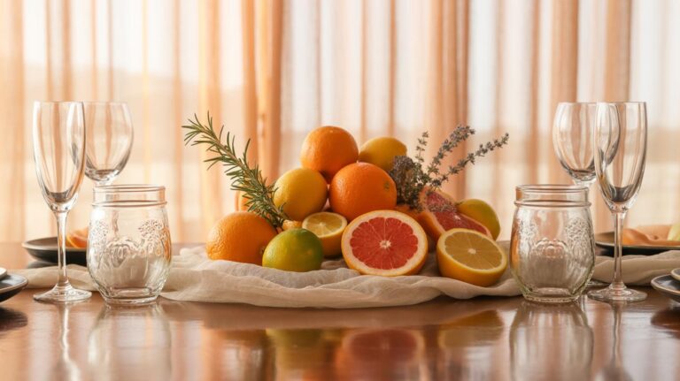 A centerpiece of assorted citrus fruits, including oranges, lemons, limes, and grapefruits, sits on a cloth surrounded by empty wine glasses and mason jars on a wooden dining table with sheer curtains in the background.