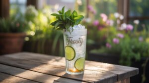 A glass of iced drink with lime slices, fresh mint, and the word Frosty on it sits on a wooden table outdoors, surrounded by green plants and blooming flowers in the background.
