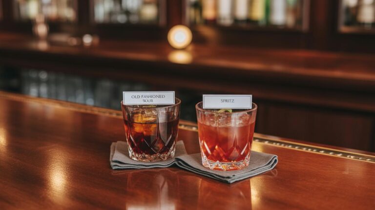 Two cocktails in short glasses sit on napkins at a bar. The drink on the left is labeled Old Fashioned Sour and the one on the right is labeled Spritz. The background shows a blurred bar setting.