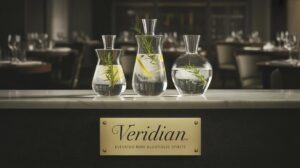 Three glass decanters filled with clear liquid, lemon slices, and herbs sit on a marble counter above a plaque that reads “Veridian: Elevated Non-Alcoholic Spirits.” Elegant dining tables are blurred in the background.